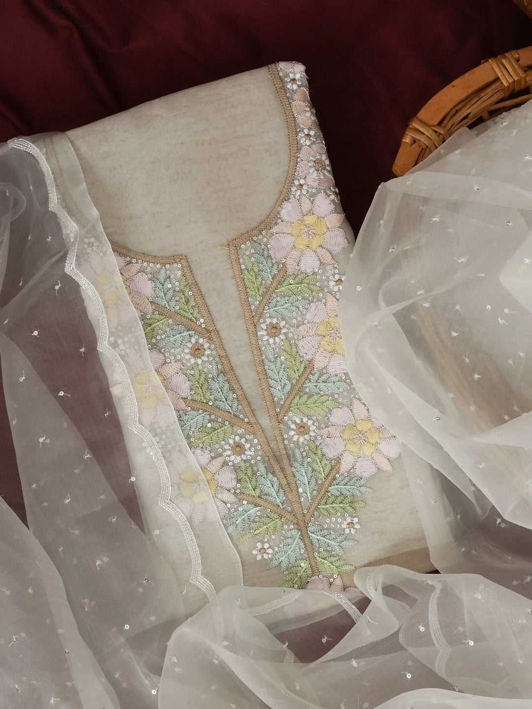 Ada Hand Embroidered Off White Organza Lucknowi Chikankari Unstitched Kurta Dupatta Set With Parsi Work 01A558261