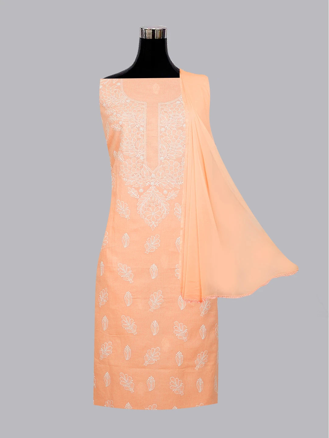 Ada Hand Embroidered Peach Cotton Lucknowi Chikankari Unstitched Suit Set 01A561727