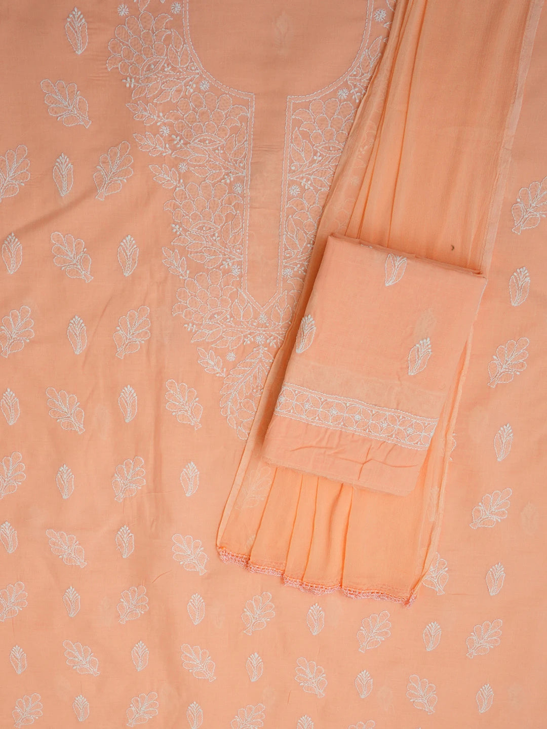 Ada Hand Embroidered Peach Cotton Lucknowi Chikankari Unstitched Suit Set 01A561727