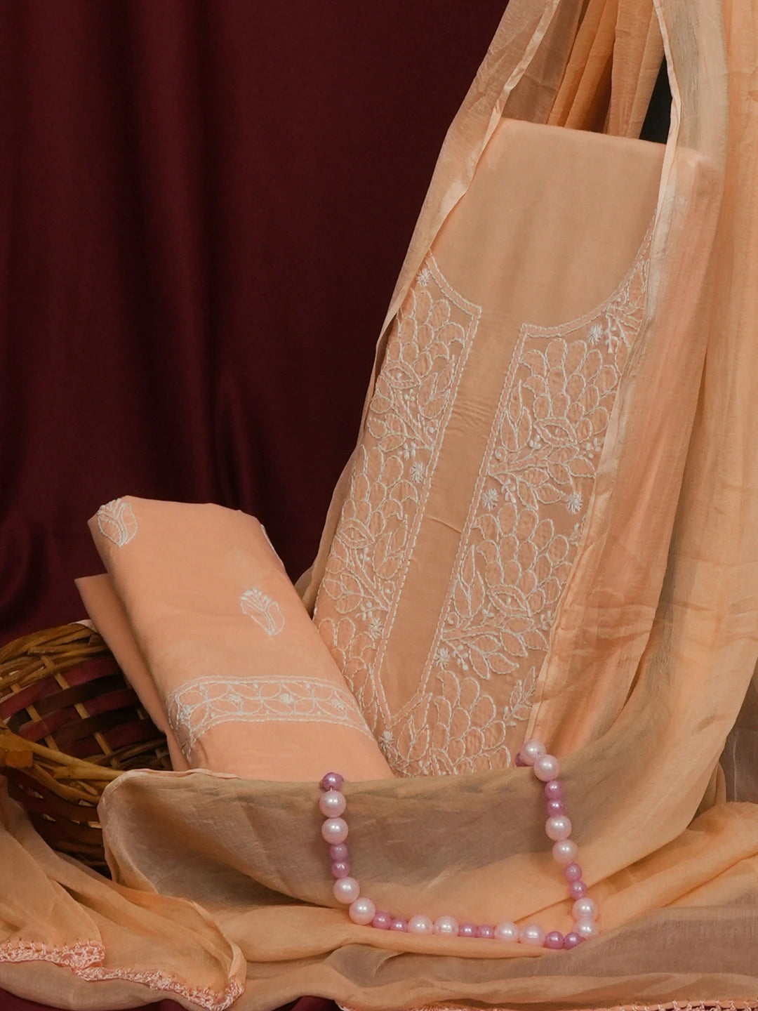 Ada Hand Embroidered Peach Cotton Lucknowi Chikankari Unstitched Suit Set 01A561727