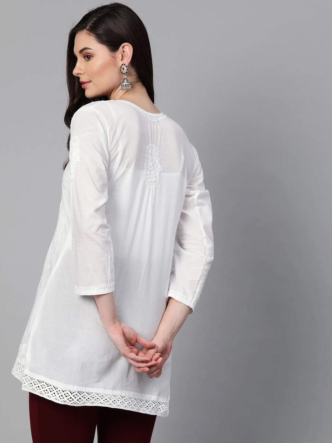 Ada Hand Embroidered White Cotton Lucknowi Chikankari Top A100384