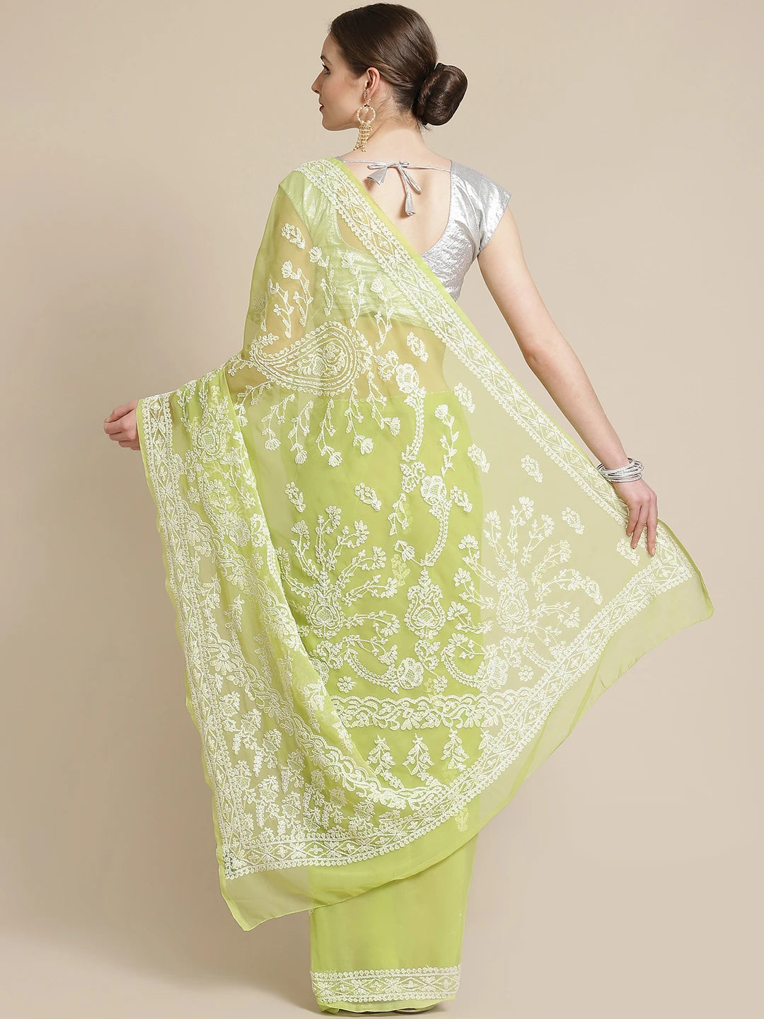 Ada Hand Embroidered Green Georgette Lucknow Chikan Saree With Blouse-A191630