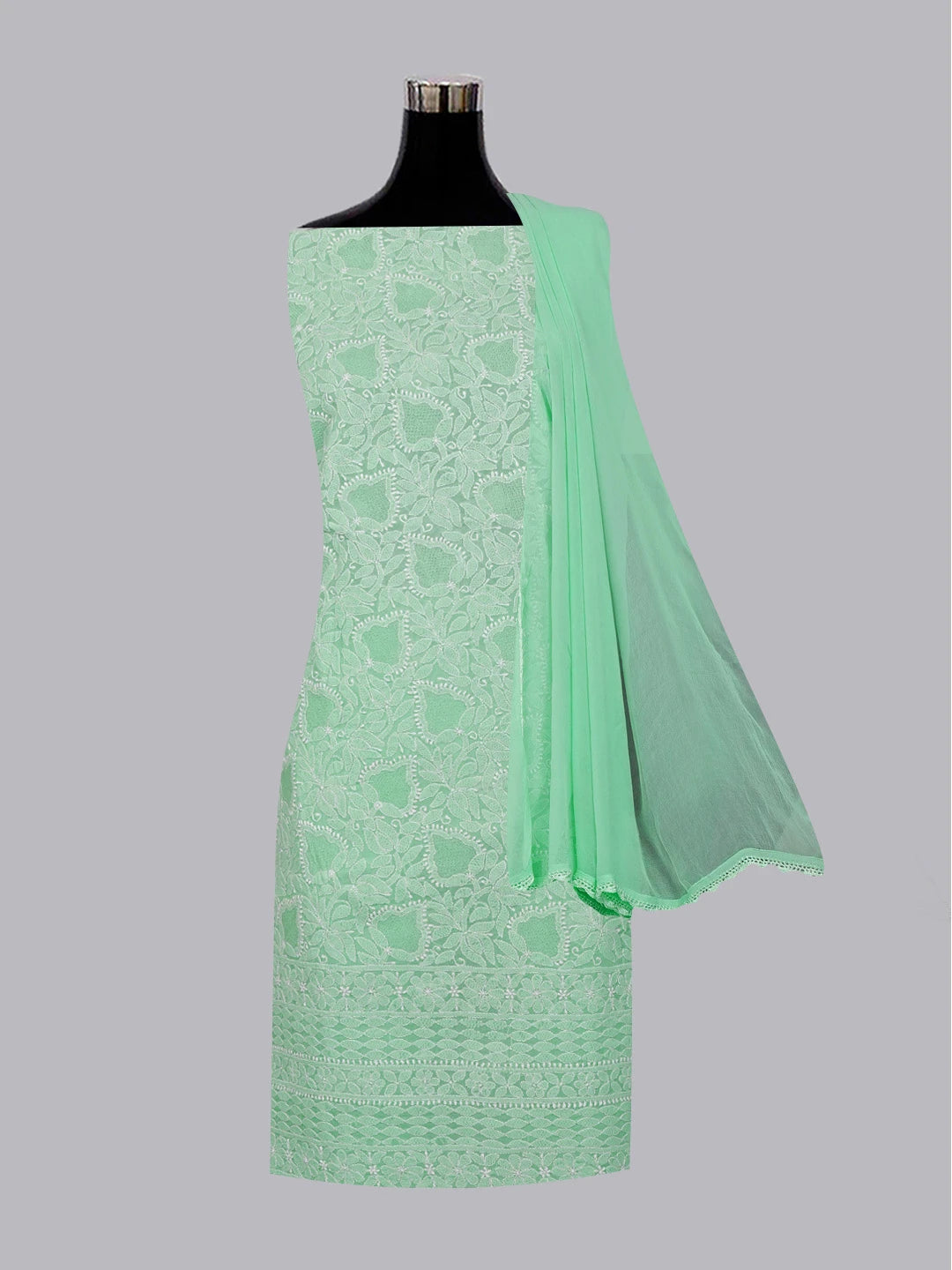 Ada Hand Embroidered Sea Green Cotton Lucknowi Chikankari Unstitched Suit Set 01A569059