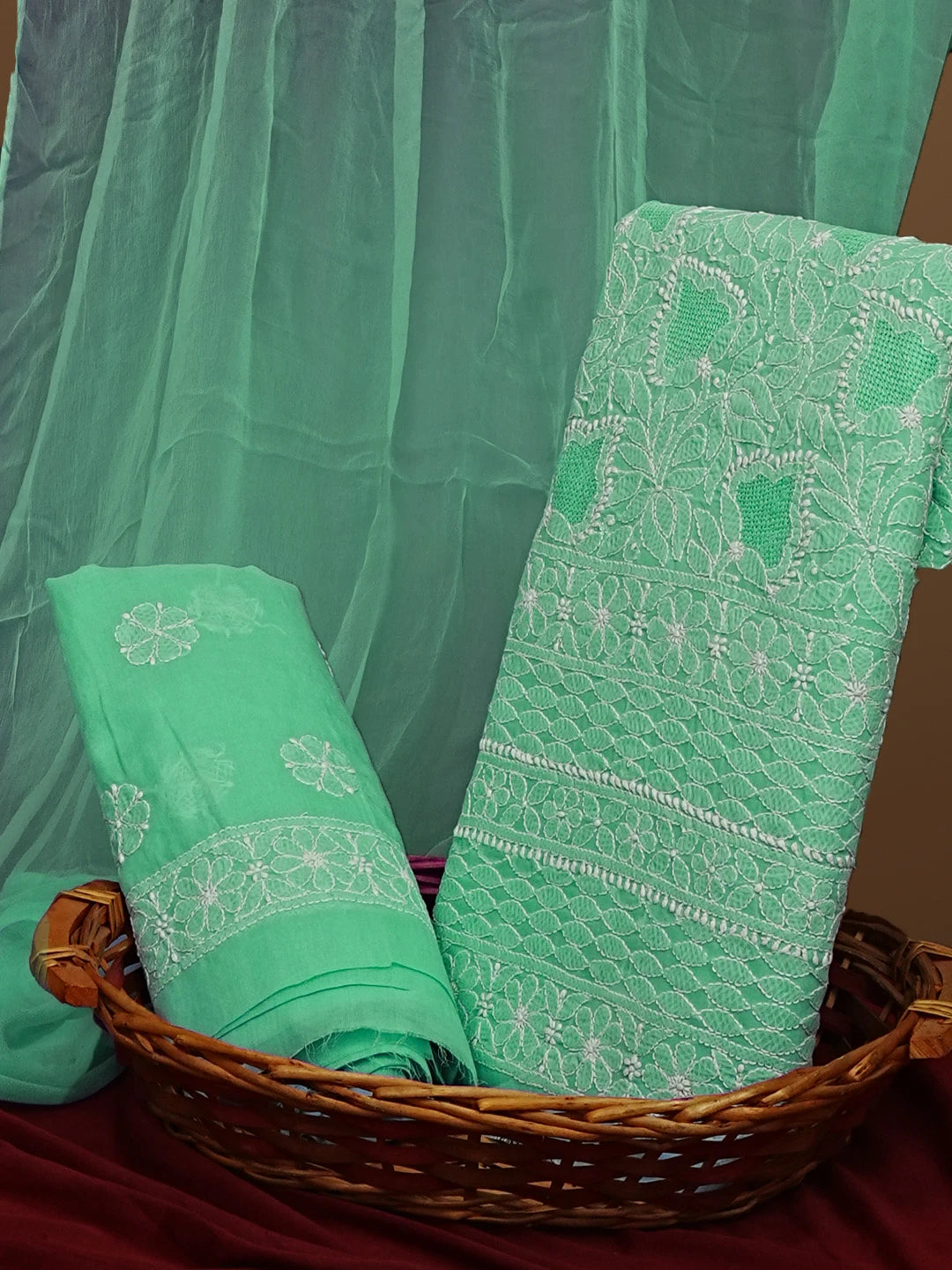 Ada Hand Embroidered Sea Green Cotton Lucknowi Chikankari Unstitched Suit Set 01A569059