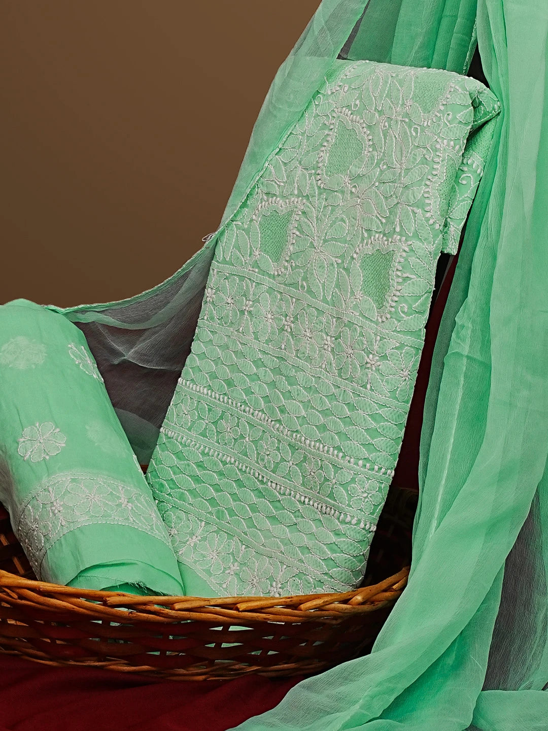Ada Hand Embroidered Sea Green Cotton Lucknowi Chikankari Unstitched Suit Set 01A569059