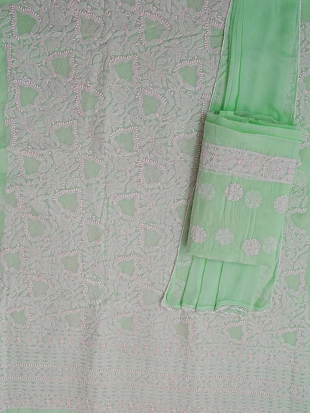 Ada Hand Embroidered Sea Green Cotton Lucknowi Chikankari Unstitched Suit Set 01A569059
