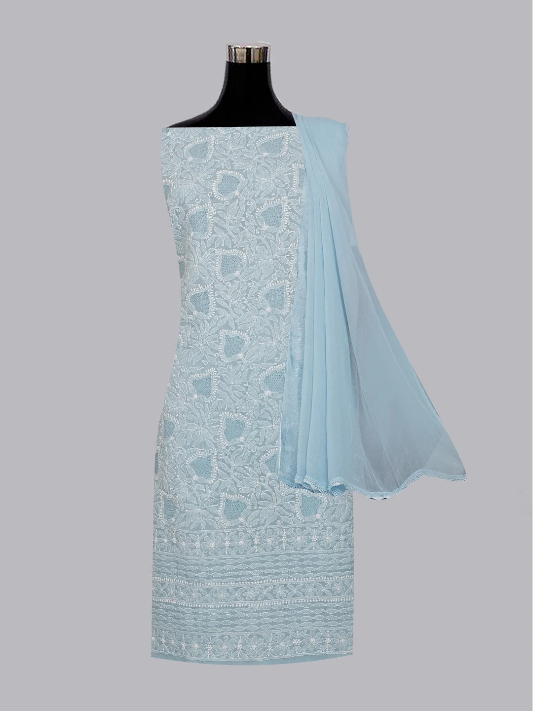 Ada Hand Embroidered Sky Blue Cotton Lucknowi Chikankari Unstitched Suit Set 01A569074