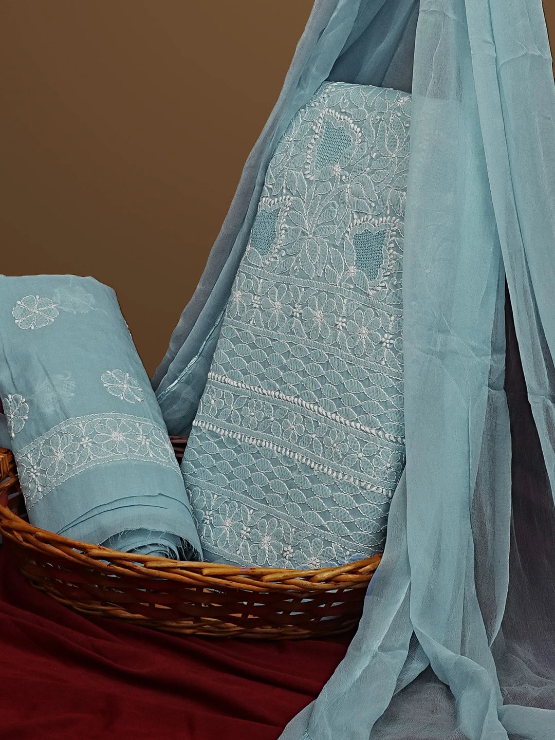 Ada Hand Embroidered Sky Blue Cotton Lucknowi Chikankari Unstitched Suit Set 01A569074