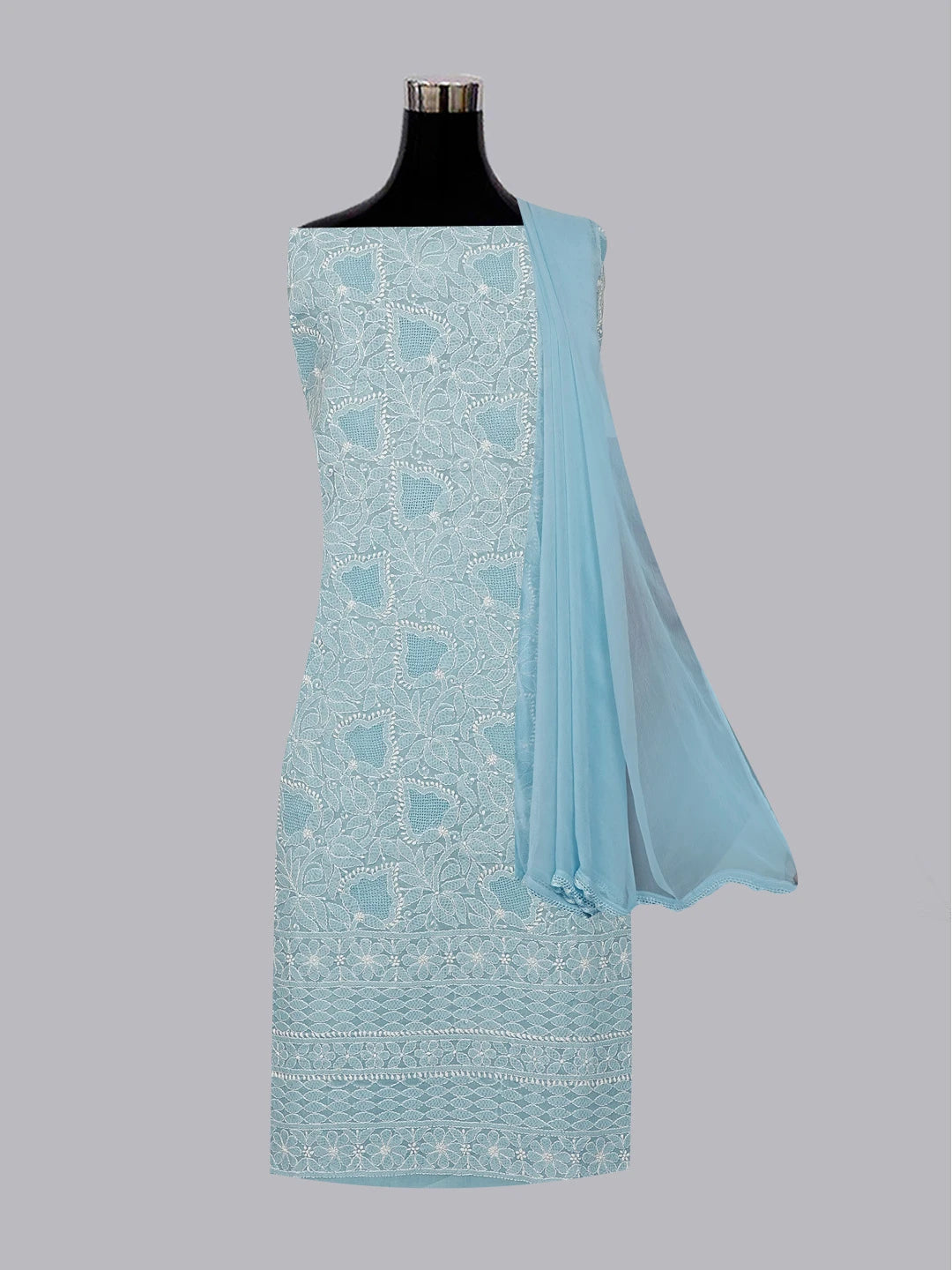 Ada Hand Embroidered Blue Cotton Lucknowi Chikankari Unstitched Suit Set 01A569071