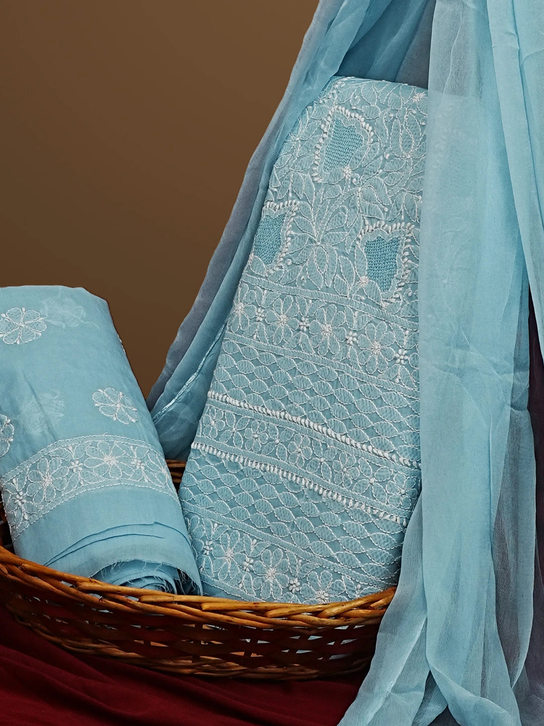 Ada Hand Embroidered Blue Cotton Lucknowi Chikankari Unstitched Suit Set 01A569071
