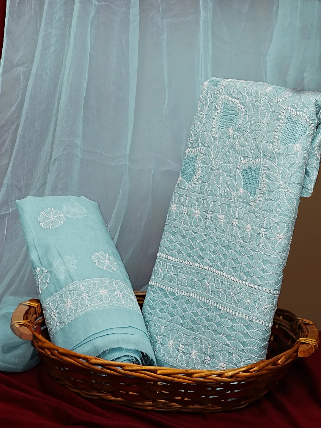 Ada Hand Embroidered Blue Cotton Lucknowi Chikankari Unstitched Suit Set 01A569071