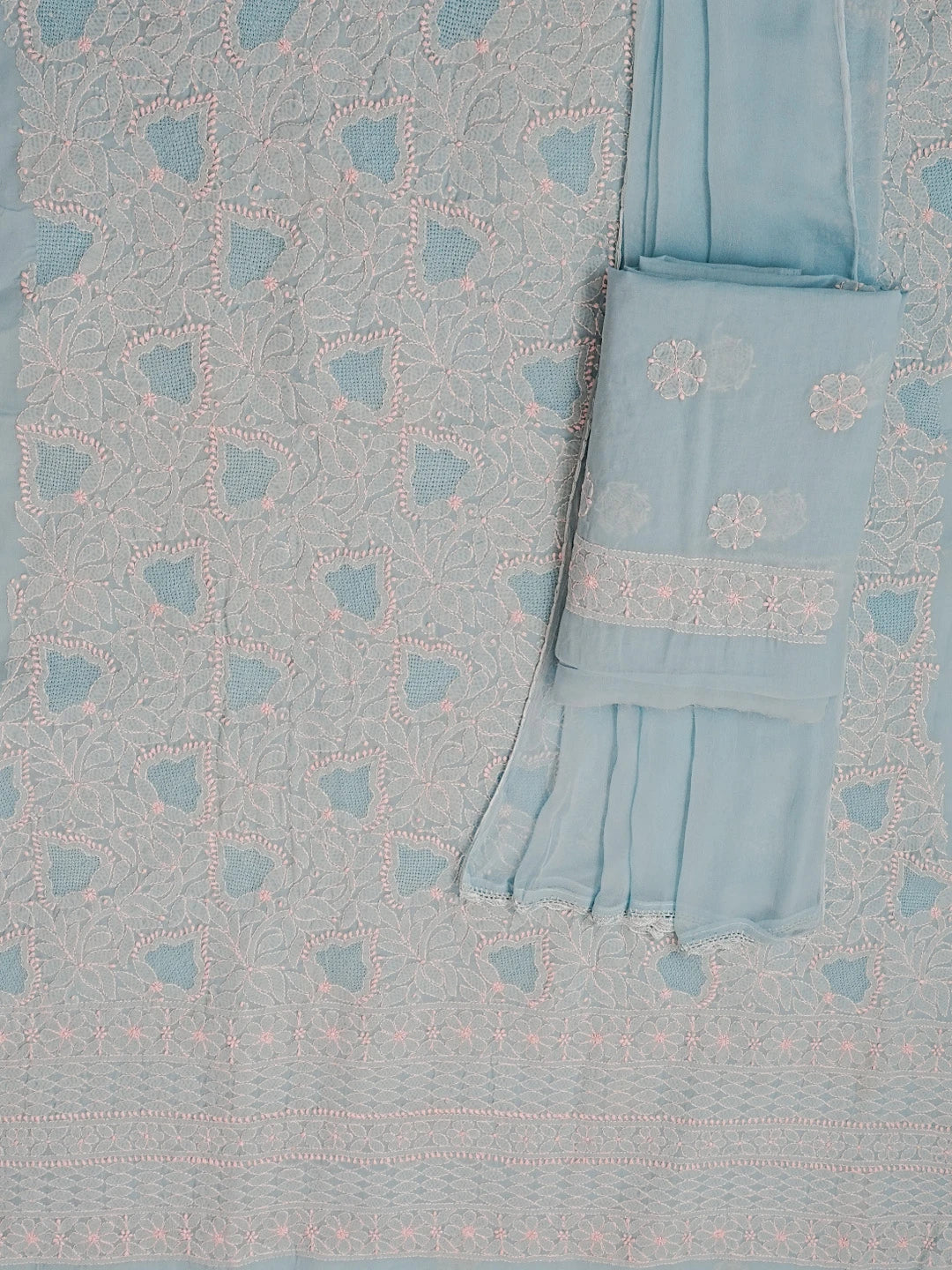 Ada Hand Embroidered Blue Cotton Lucknowi Chikankari Unstitched Suit Set 01A569071