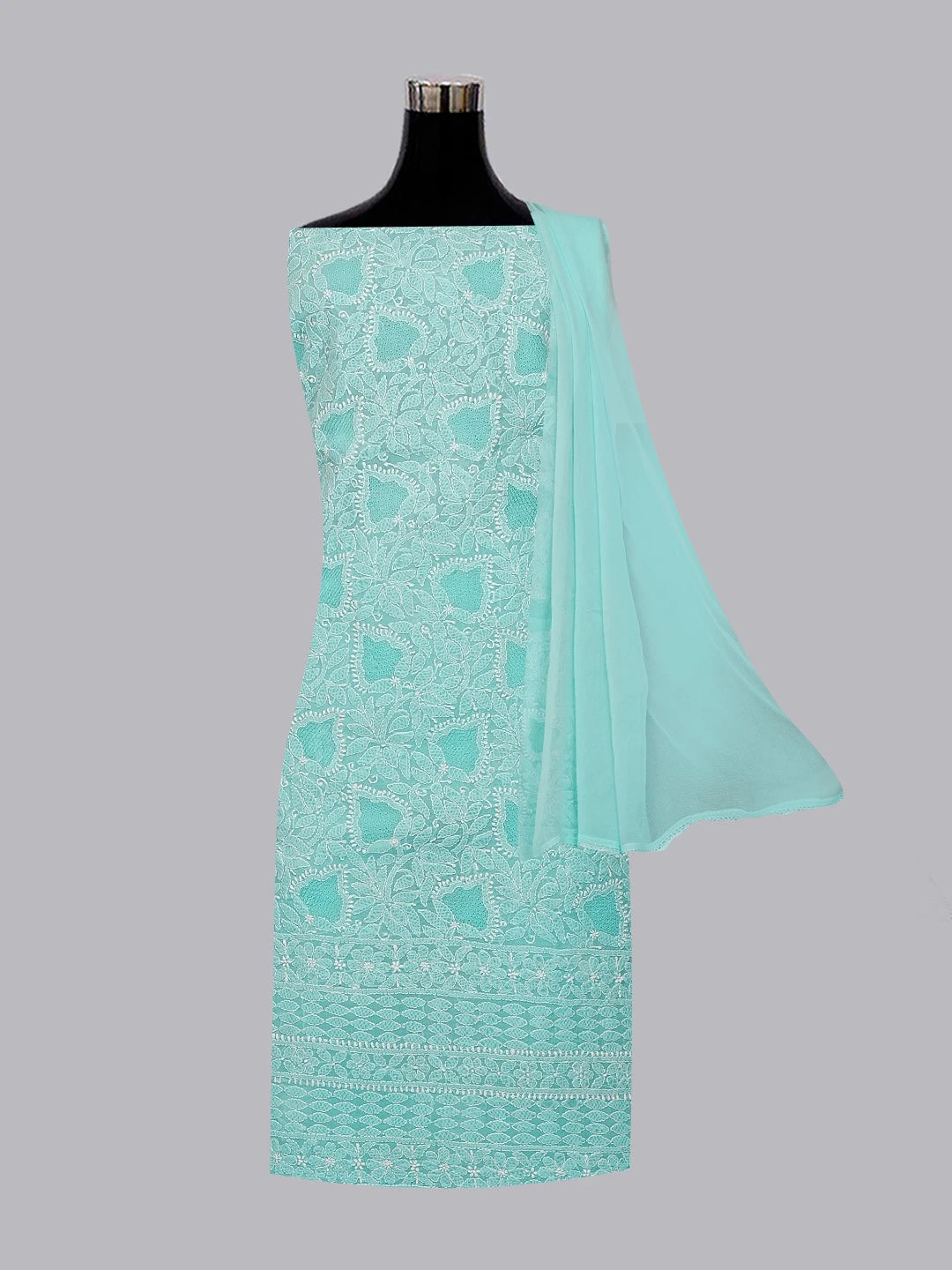 Ada Hand Embroidered Blue Cotton Lucknowi Chikankari Unstitched Suit Set 01A569054
