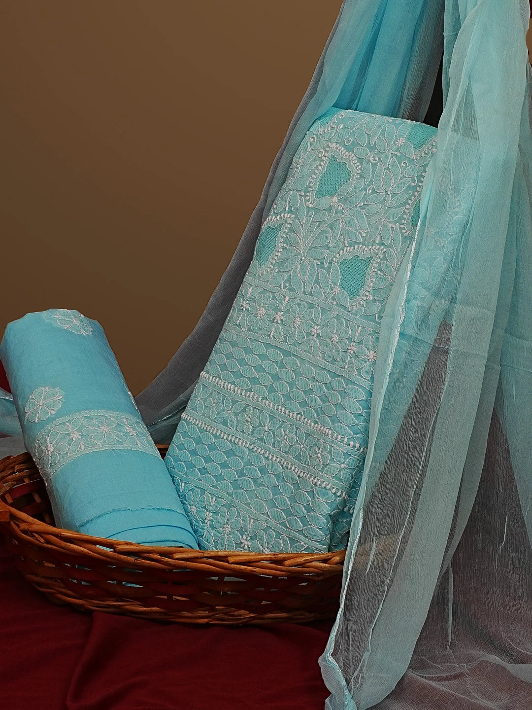 Ada Hand Embroidered Blue Cotton Lucknowi Chikankari Unstitched Suit Set 01A569054