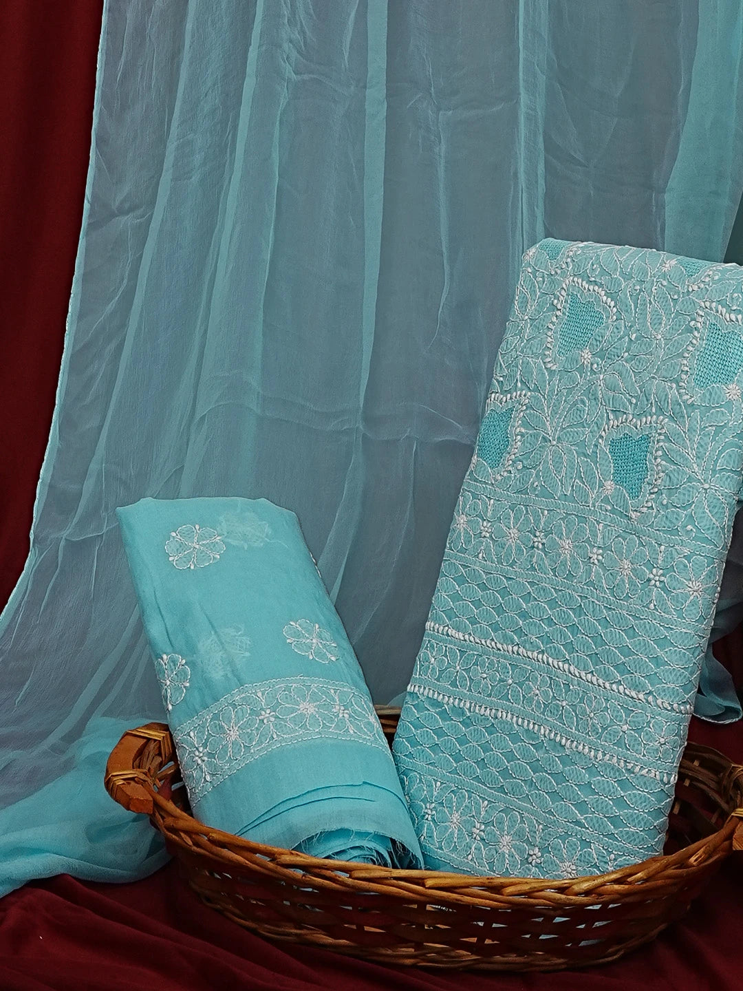 Ada Hand Embroidered Blue Cotton Lucknowi Chikankari Unstitched Suit Set 01A569054