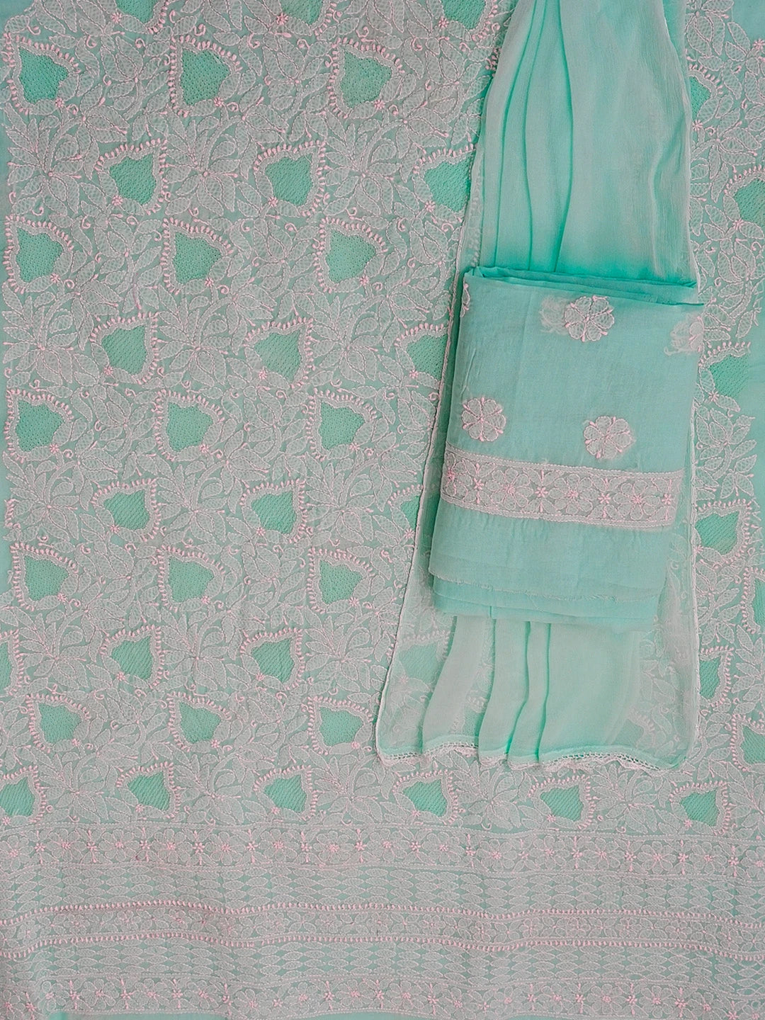 Ada Hand Embroidered Blue Cotton Lucknowi Chikankari Unstitched Suit Set 01A569054