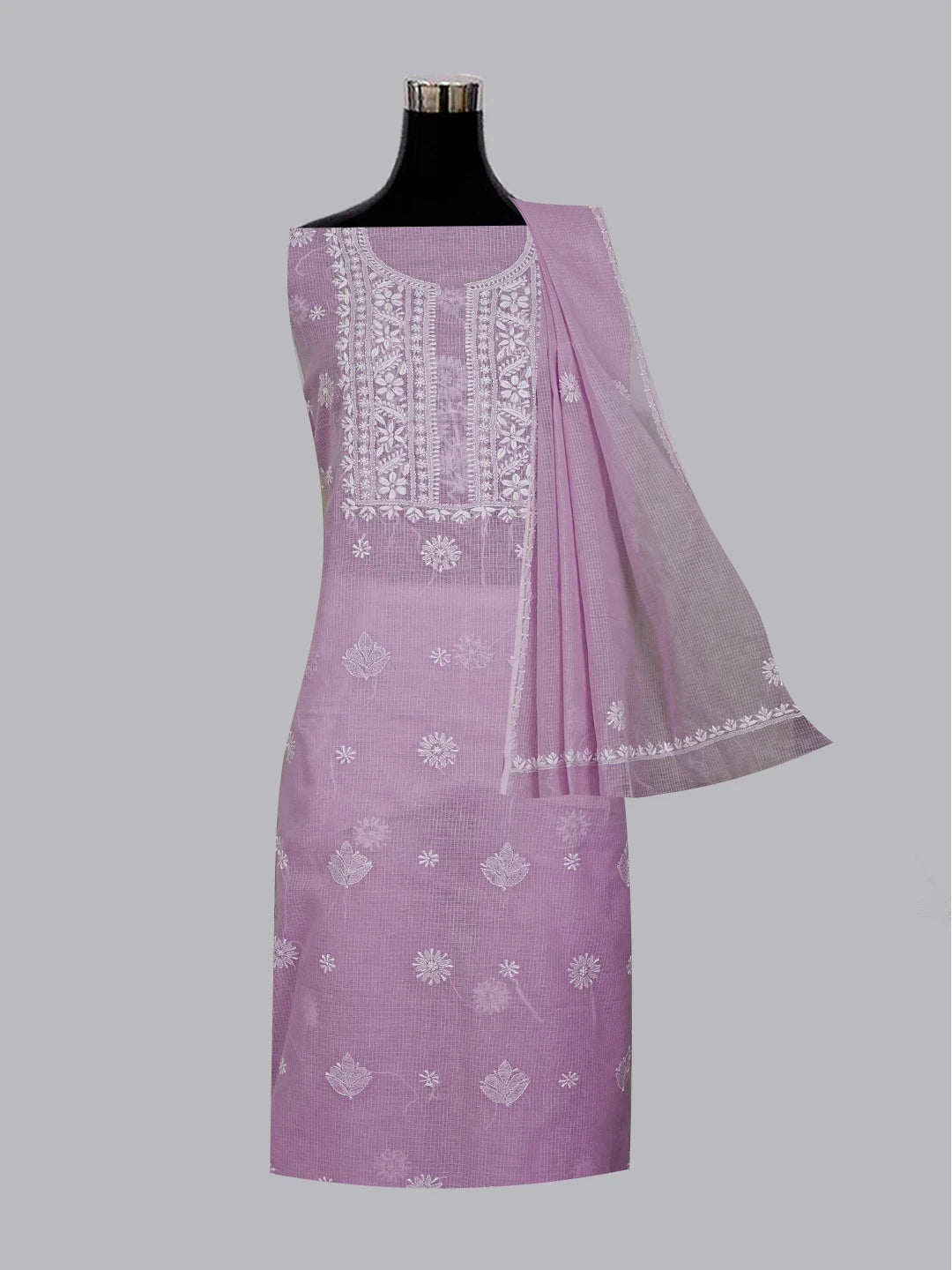 Ada Hand Embroidered Mauve Kota Lucknowi Chikankari Unstitched Kurta Dupatta Set 01A549031