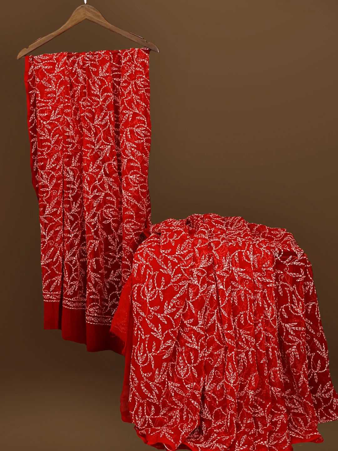 Ada Hand Embroidered Red Georgette Lucknowi Chikankari Saree With Blouse 01A565325
