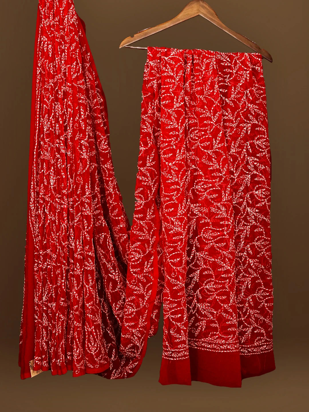 Ada Hand Embroidered Red Georgette Lucknowi Chikankari Saree With Blouse 01A565325