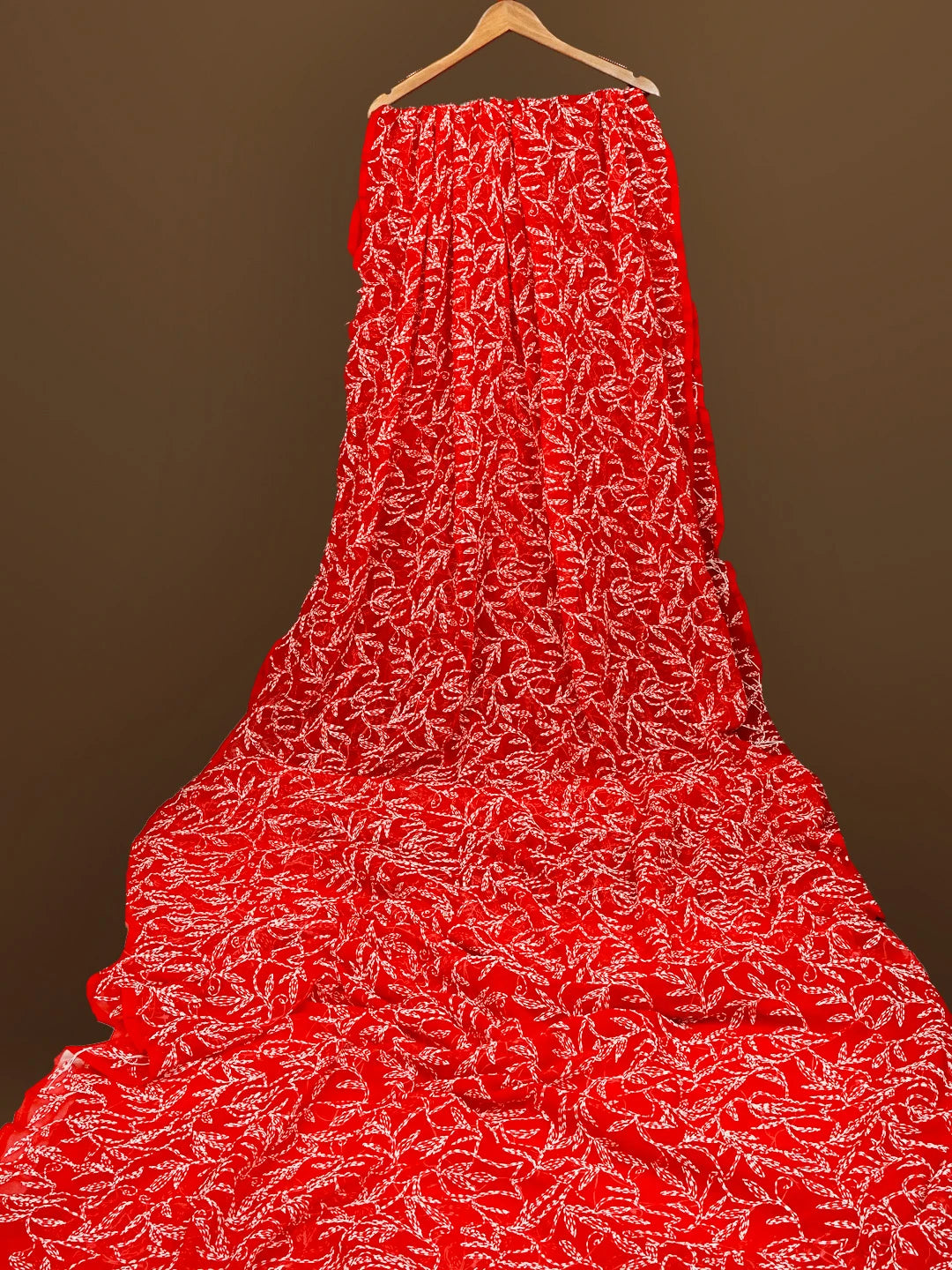 Ada Hand Embroidered Red Georgette Lucknowi Chikankari Saree With Blouse 01A565325