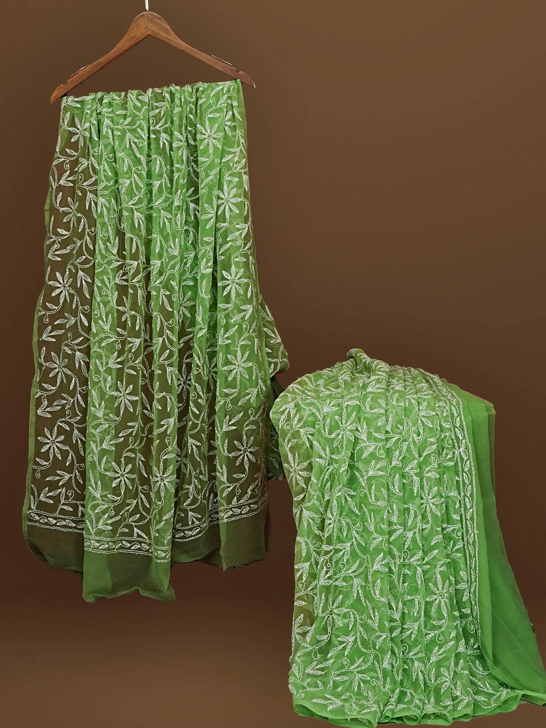 Ada Hand Embroidered Green Georgette Lucknowi Chikankari Saree With Blouse 01A565348