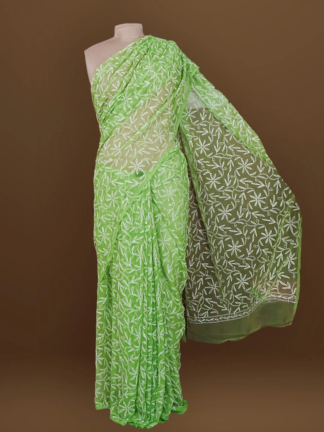 Ada Hand Embroidered Green Georgette Lucknowi Chikankari Saree With Blouse 01A565348