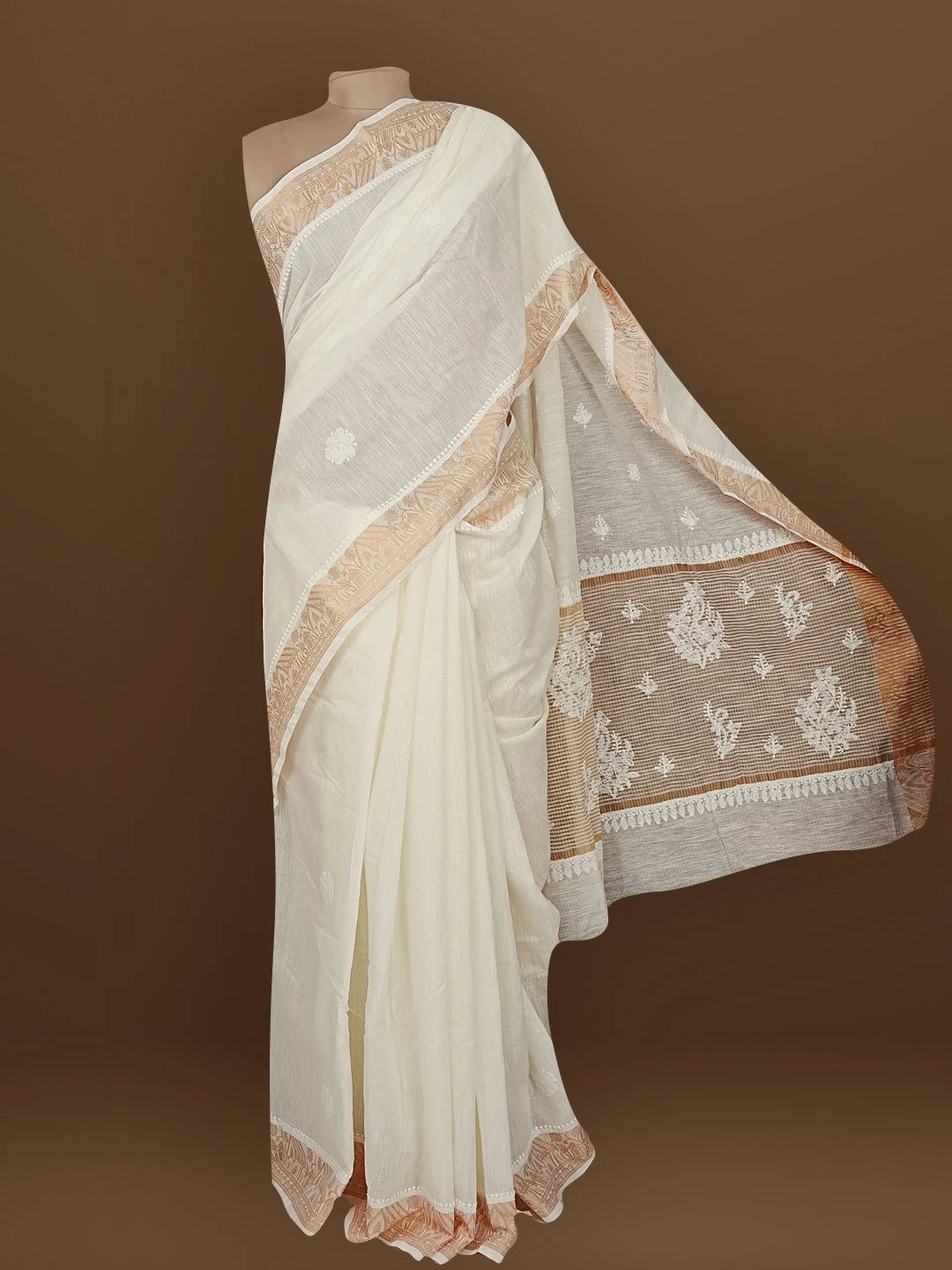 Ada Hand Embroidered Cream Chanderi Lucknowi Chikankari Saree With Blouse 01A555438