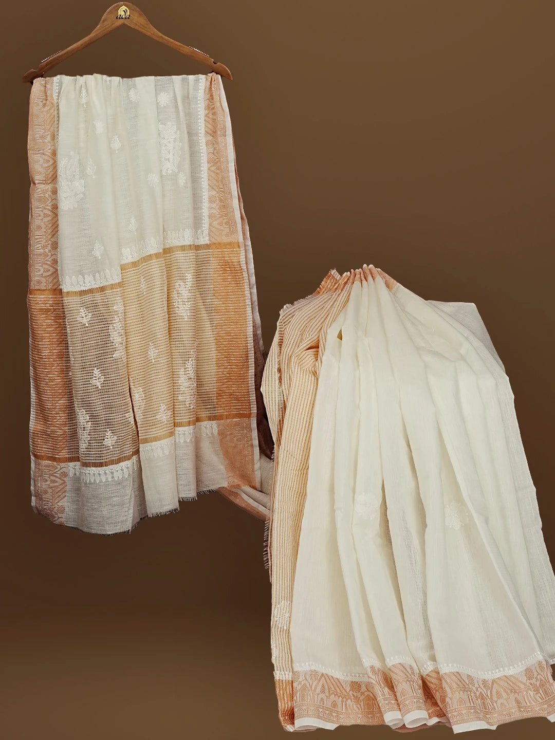 Ada Hand Embroidered Cream Chanderi Lucknowi Chikankari Saree With Blouse 01A555438