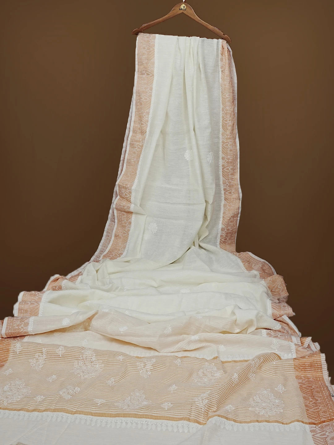 Ada Hand Embroidered Cream Chanderi Lucknowi Chikankari Saree With Blouse 01A555438