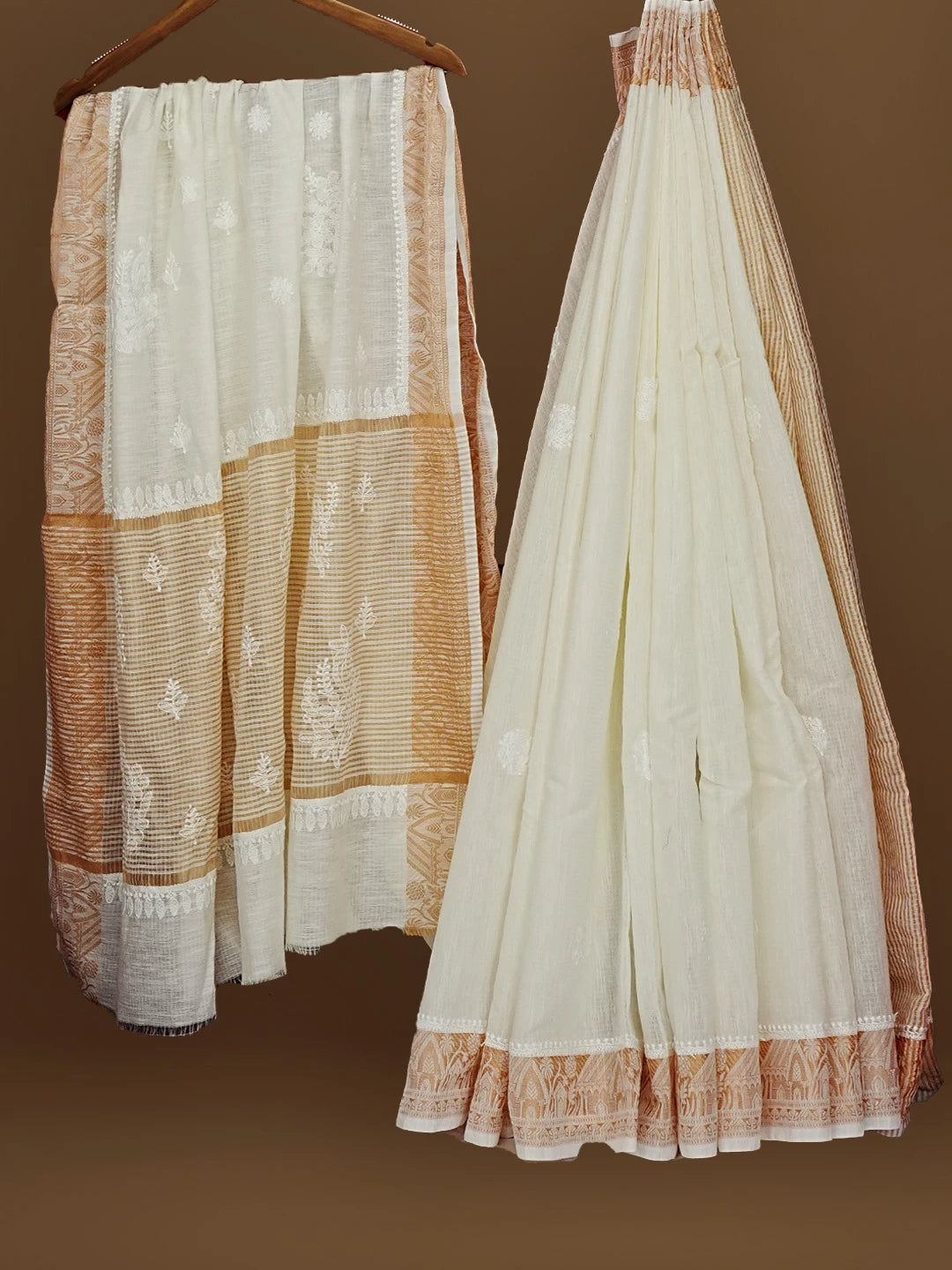 Ada Hand Embroidered Cream Chanderi Lucknowi Chikankari Saree With Blouse 01A555438