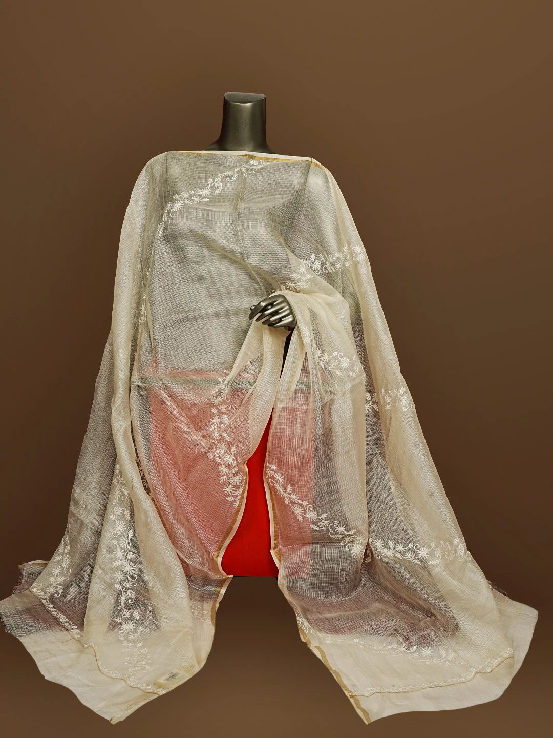 Ada Hand Embroidered Off White Kota Silk Lucknowi Chikankari Dupatta 01A415780