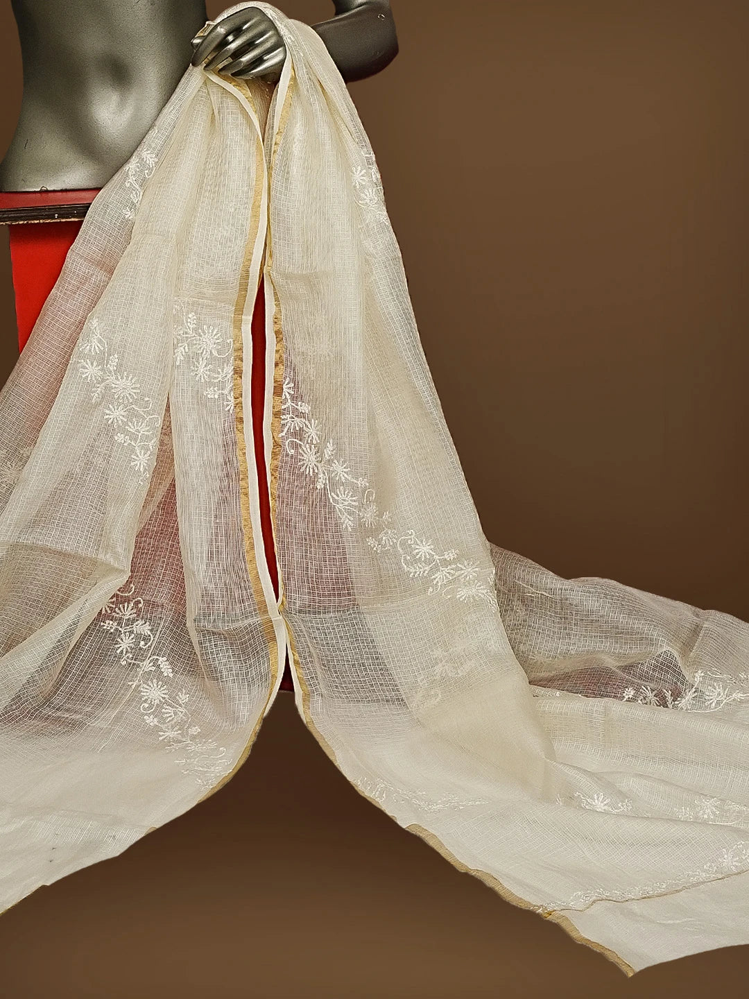 Ada Hand Embroidered Off White Kota Silk Lucknowi Chikankari Dupatta 01A415780