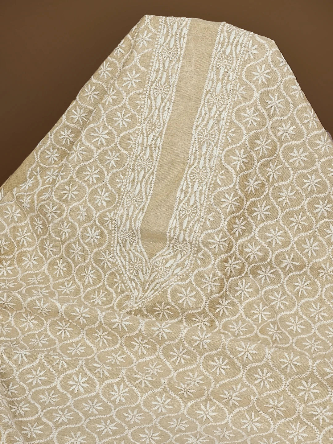 Ada Hand Embroidered Fawn Tissue Lucknowi Chikankari Men's Kurta Piece 01A562212
