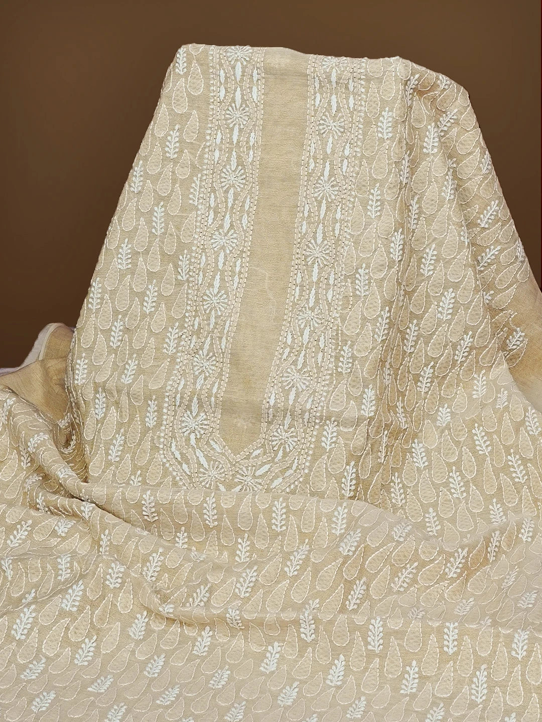 Ada Hand Embroidered Fawn Tissue Lucknowi Chikankari Men's Kurta Piece 01A562222