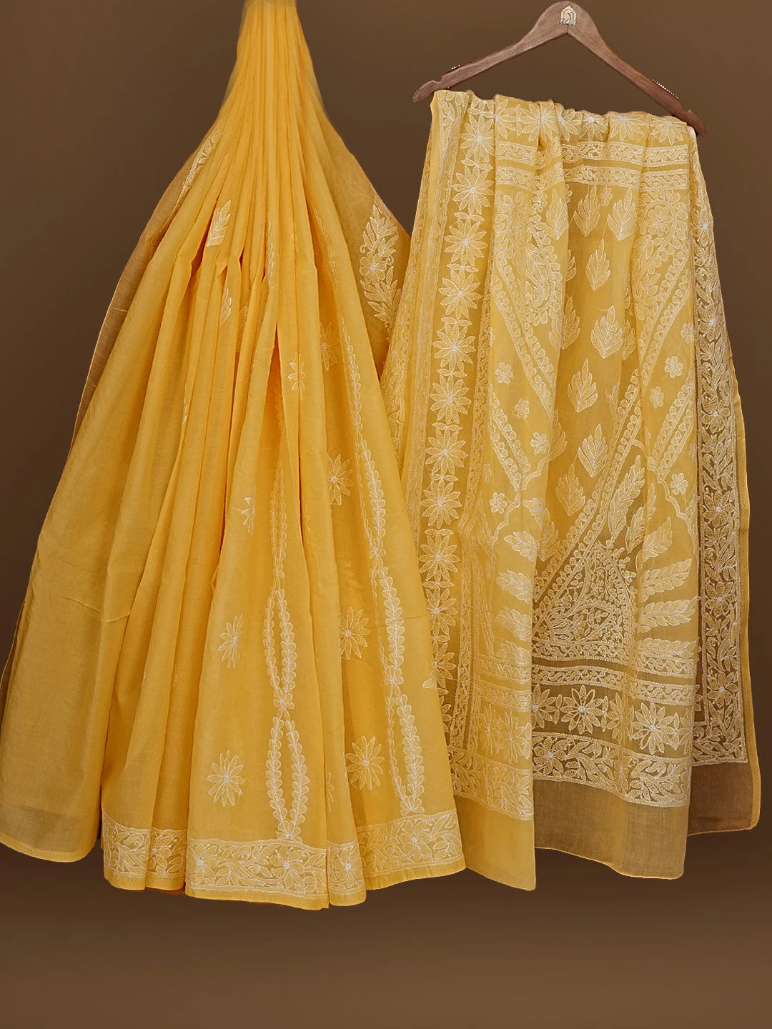 Ada Hand Embroidered Yellow Cotton Lucknowi Chikankari Saree With Blouse 01A565204