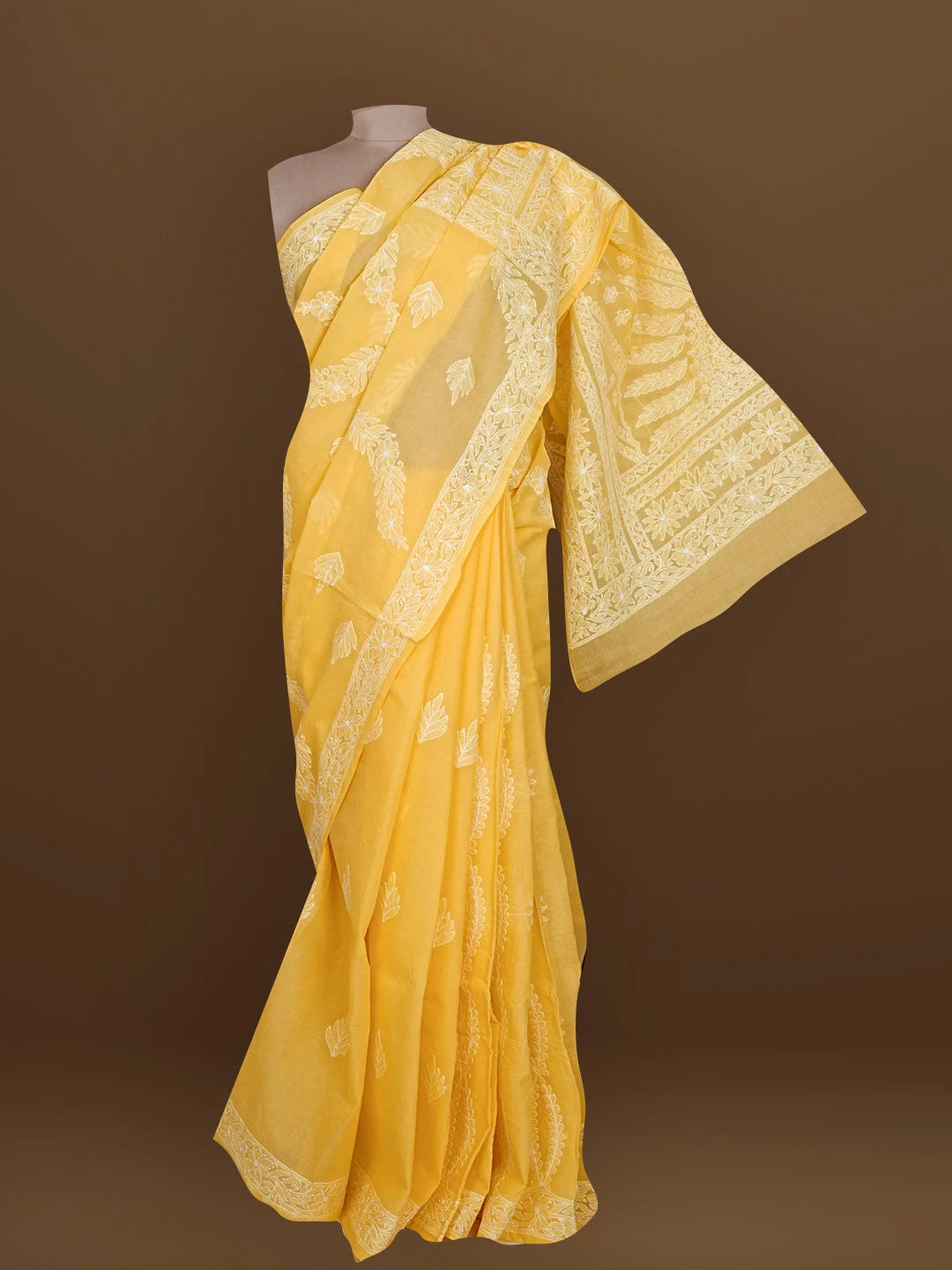 Ada Hand Embroidered Yellow Cotton Lucknowi Chikankari Saree With Blouse 01A565204
