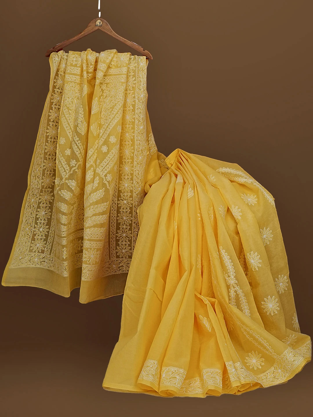 Ada Hand Embroidered Yellow Cotton Lucknowi Chikankari Saree With Blouse 01A565204