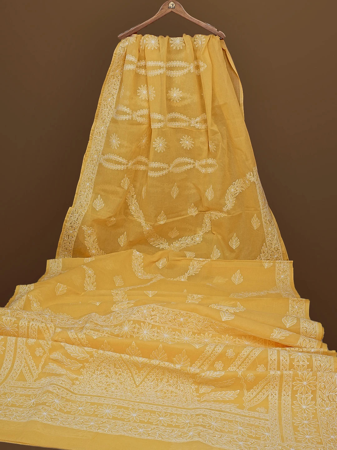 Ada Hand Embroidered Yellow Cotton Lucknowi Chikankari Saree With Blouse 01A565204