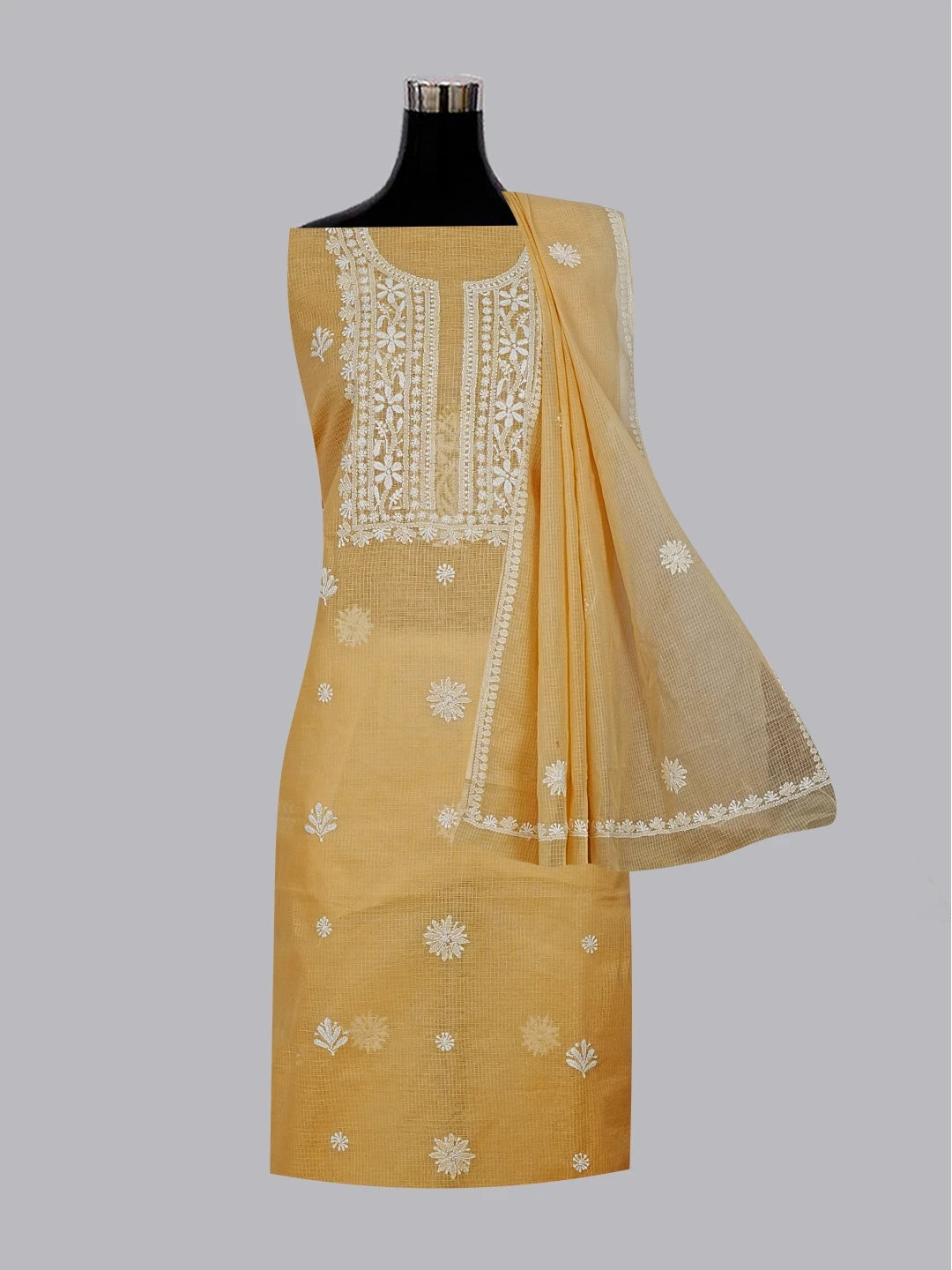 Ada Hand Embroidered Fawn Kota Lucknowi Chikankari Unstitched Kurta Dupatta Set 01A548933