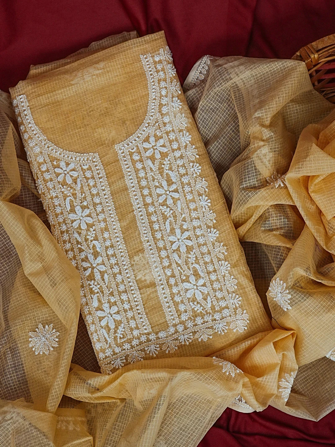 Ada Hand Embroidered Fawn Kota Lucknowi Chikankari Unstitched Kurta Dupatta Set 01A548933