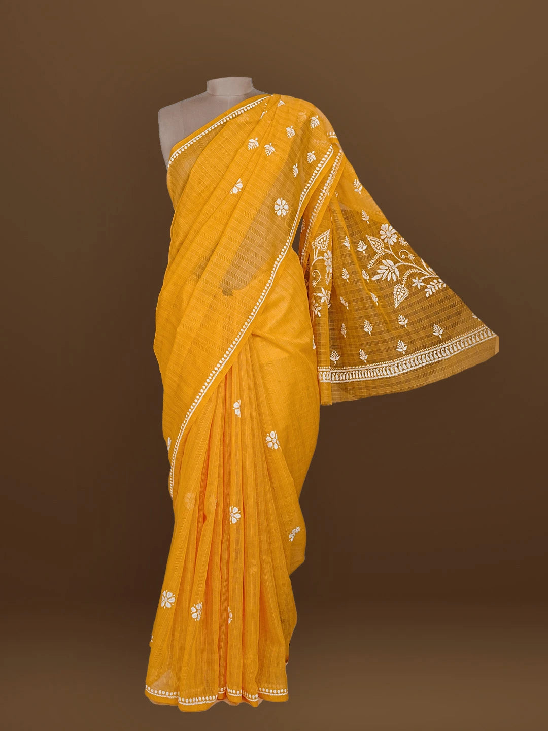 Ada Hand Embroidered Yellow Super Net Lucknowi Chikankari Saree With Blouse 01A571981