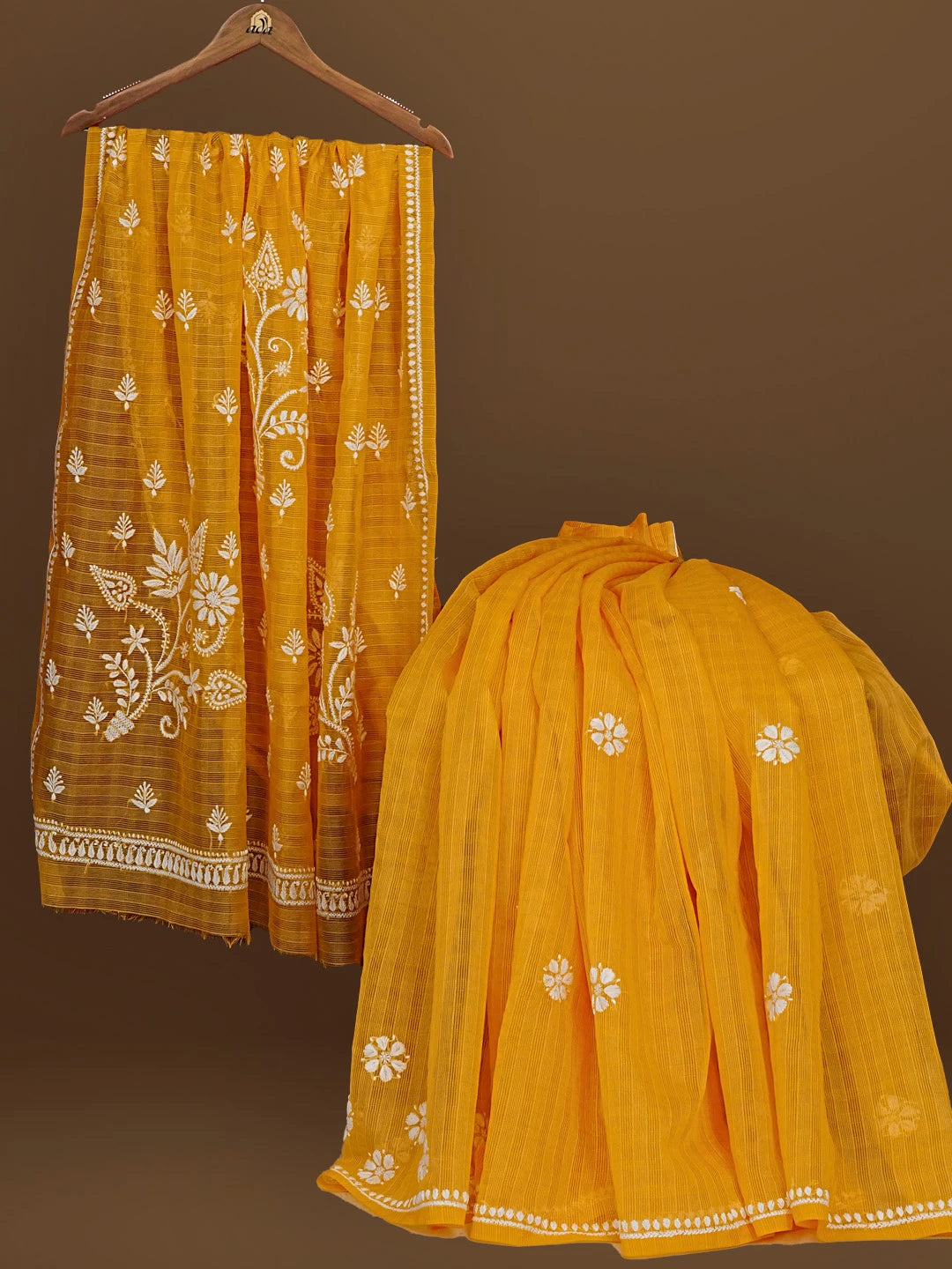 Ada Hand Embroidered Yellow Super Net Lucknowi Chikankari Saree With Blouse 01A571981