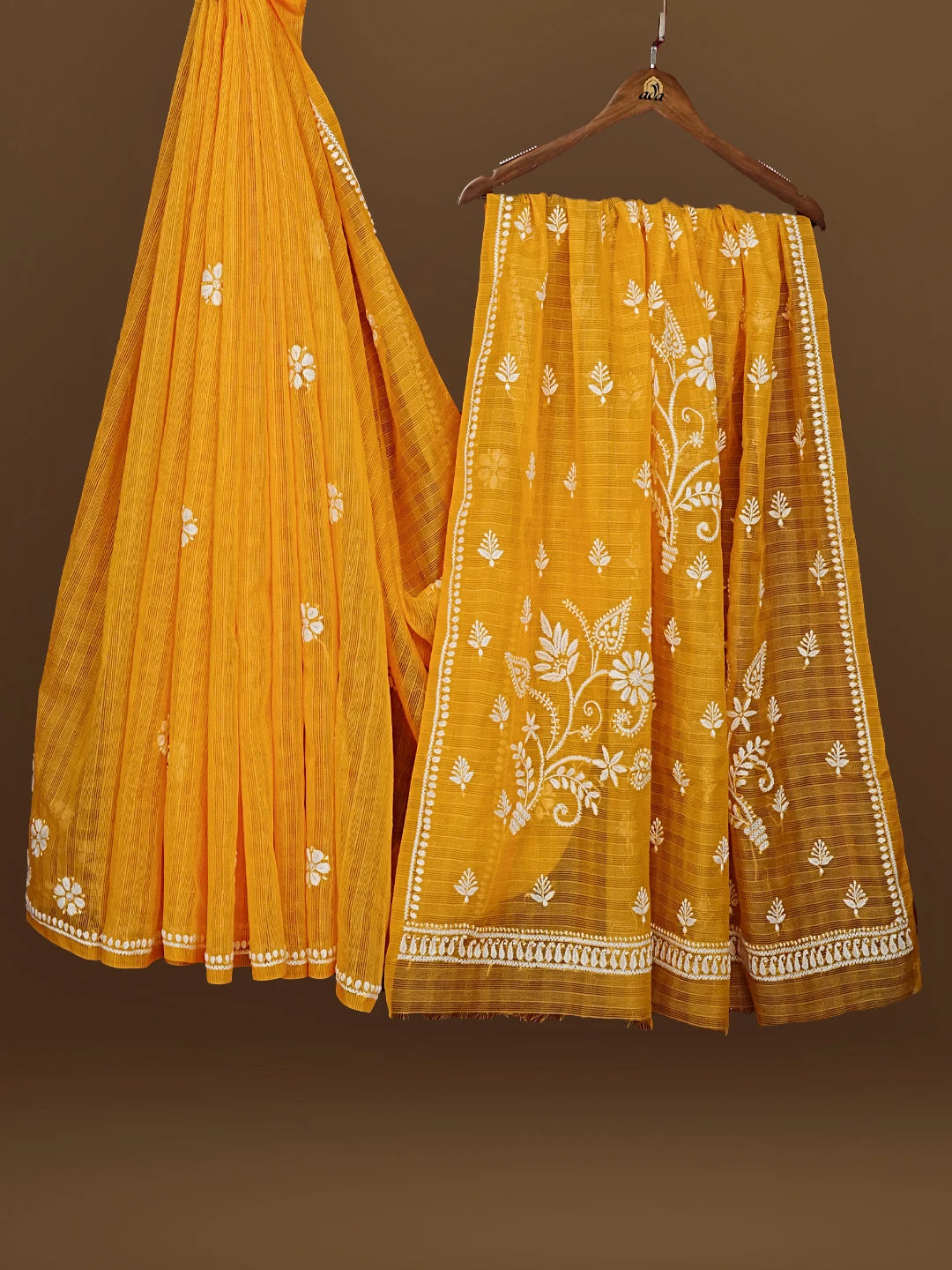 Ada Hand Embroidered Yellow Super Net Lucknowi Chikankari Saree With Blouse 01A571981