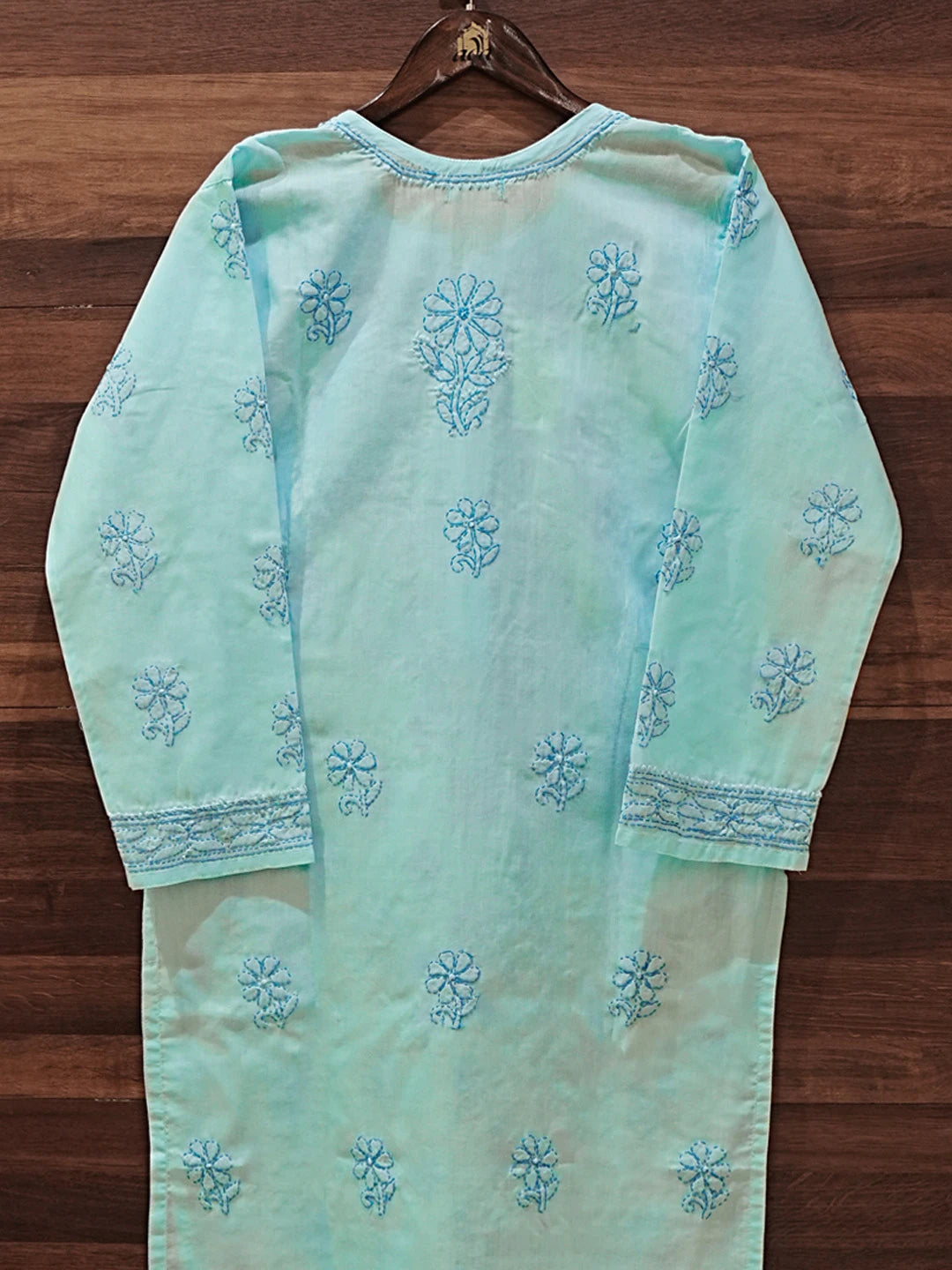 Ada Hand Embroidered Turquoise Blue Cotton Lucknowi Chikankari Straight Kurta A411619