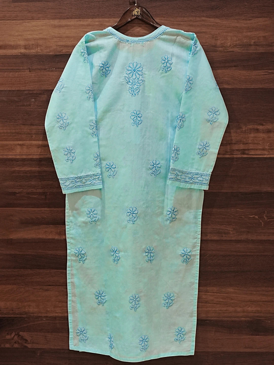 Ada Hand Embroidered Turquoise Blue Cotton Lucknowi Chikankari Straight Kurta A411619