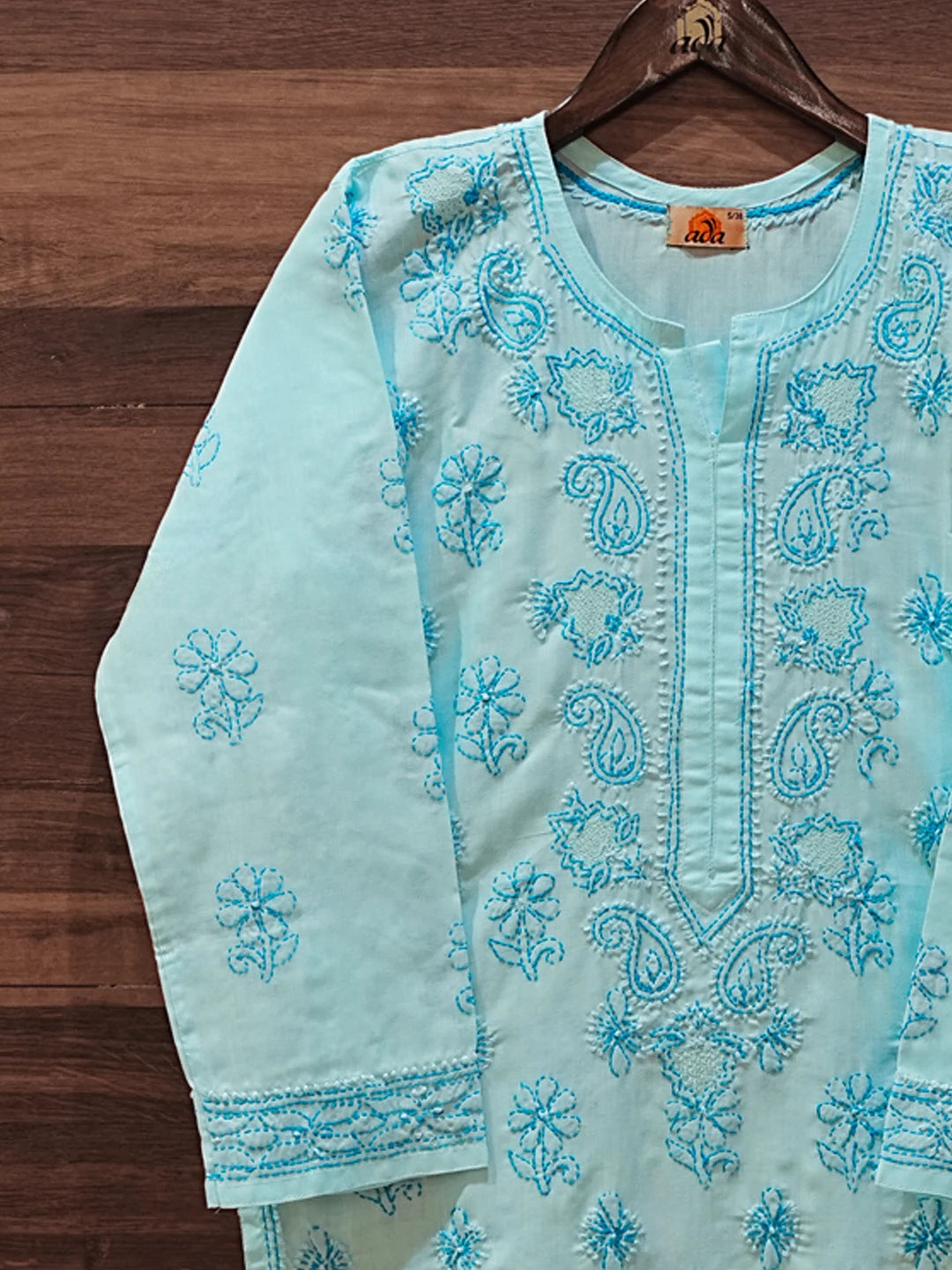 Ada Hand Embroidered Turquoise Blue Cotton Lucknowi Chikankari Straight Kurta A411619