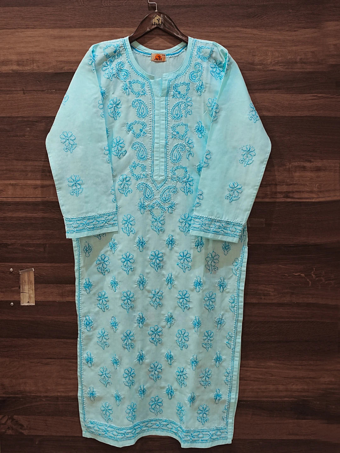 Ada Hand Embroidered Turquoise Blue Cotton Lucknowi Chikankari Straight Kurta A411619