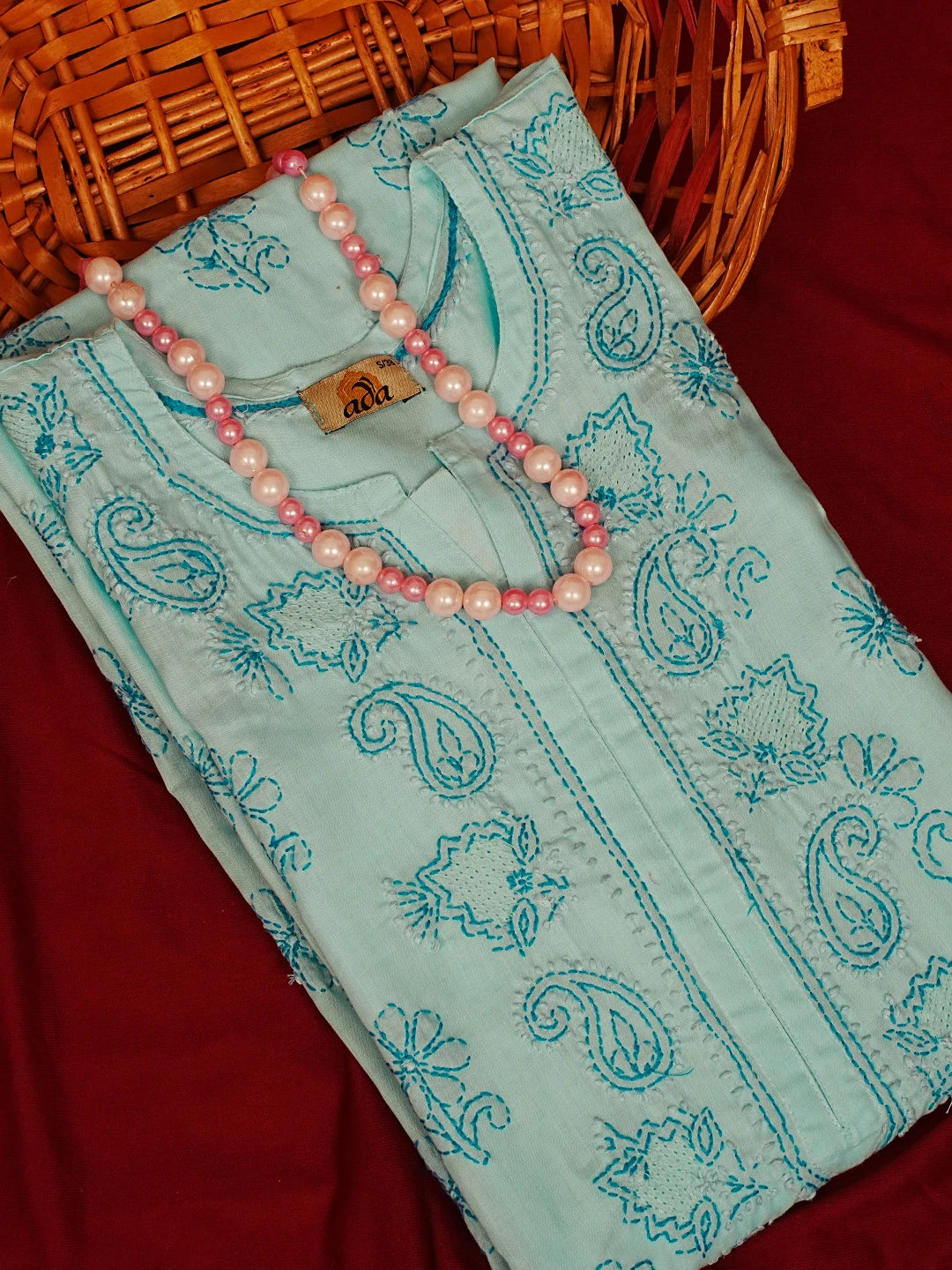 Ada Hand Embroidered Turquoise Blue Cotton Lucknowi Chikankari Straight Kurta A411619