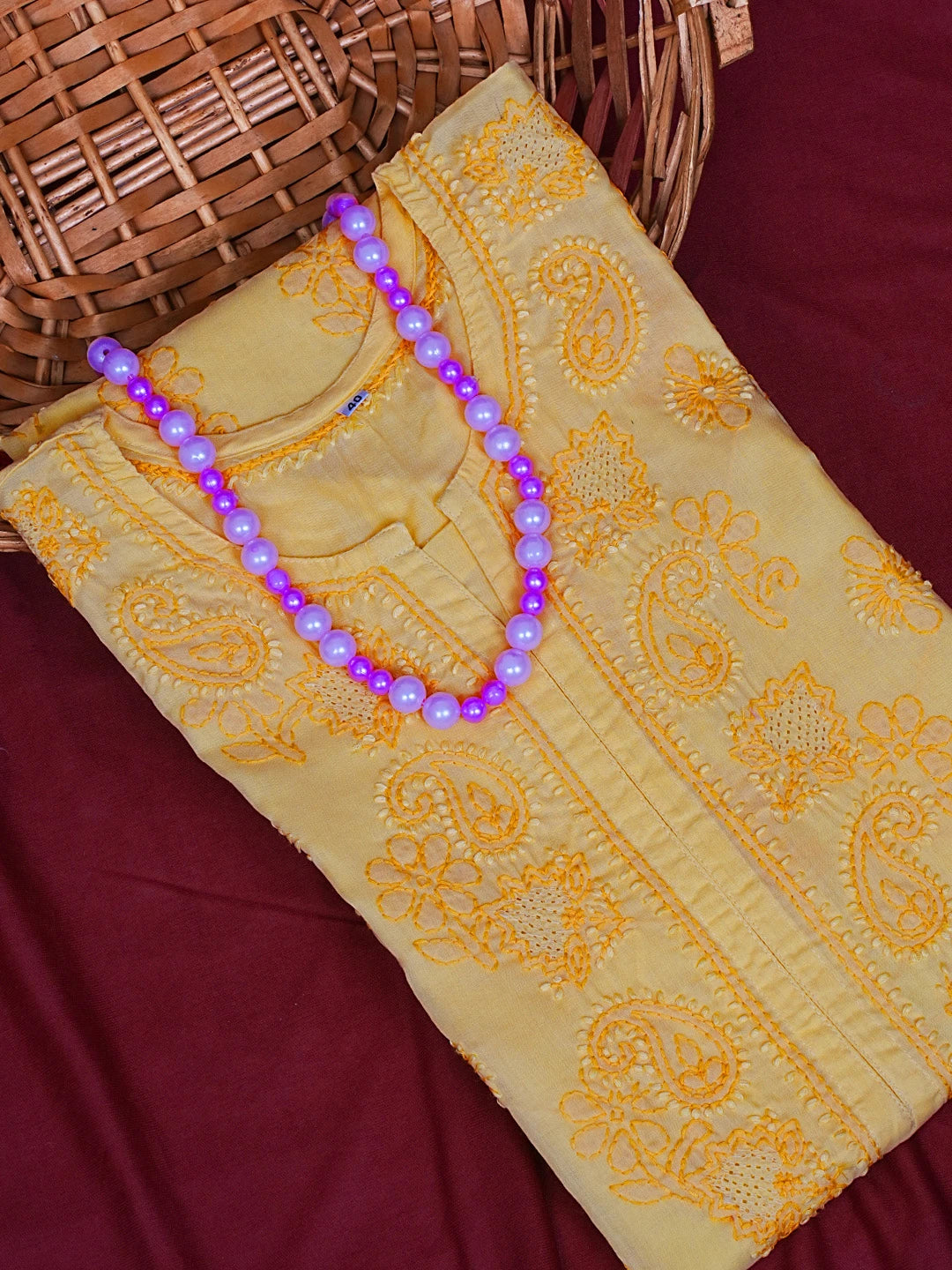 Ada Hand Embroidered Yellow Cotton Lucknowi Chikankari Straight Kurta A411621