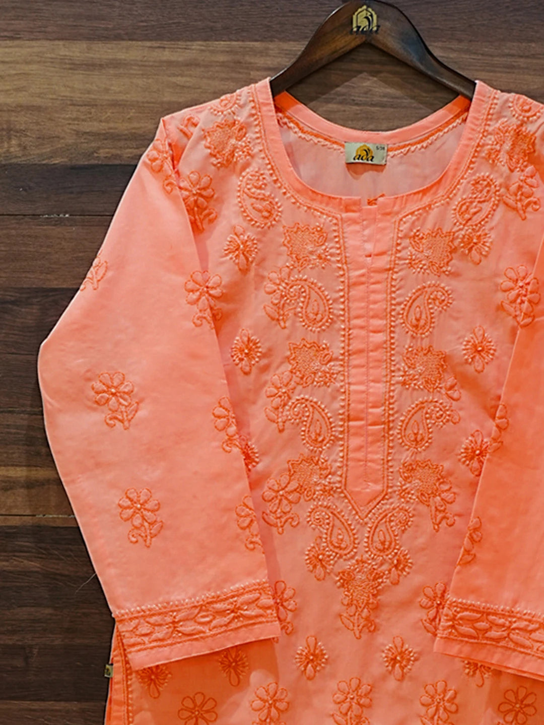 Ada Hand Embroidered Peach Pink Cotton Lucknowi Chikankari Straight Kurta A411620